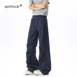 QOTRIOCK 高级感褶皱工装裤男女秋季潮牌cleanfit美式阔腿直筒裤痞帅休闲裤