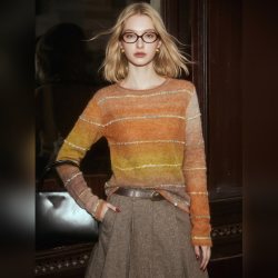 b+ab it b+ab2026秋季新款橙色渐变圆领针织衫女条纹宽松长袖打底上衣