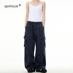 QOTRIOCK 美式复古水洗褶皱牛仔裤男女秋季潮牌街头宽松解构阔腿工装拖地裤