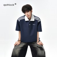 移动端：QOTRIOCK 美式学院风条纹撞色翻领T恤男女夏季重磅青少年刺绣polo领短袖潮