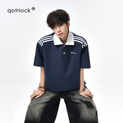QOTRIOCK 美式学院风条纹撞色翻领T恤男女夏季重磅青少年刺绣polo领短袖潮