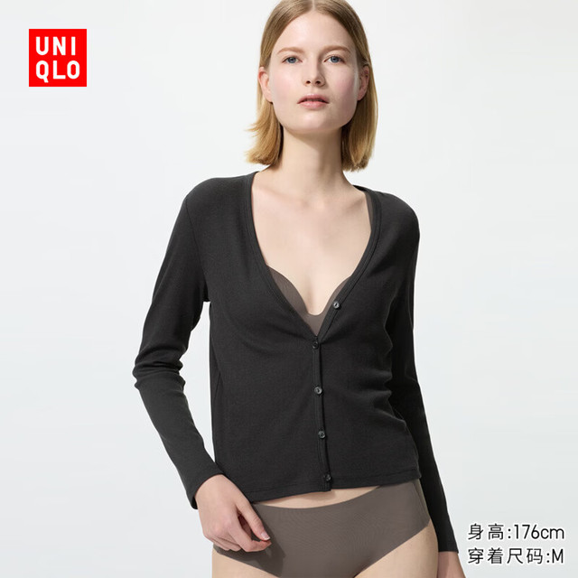 优衣库 罗纹V领开衫女装488014 09 黑色 M