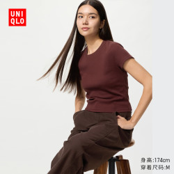 优衣库 罗纹圆领短T恤/短袖女装484457 38 深褐色
