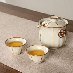 茉舟 汝窑手抓壶旅行茶具套装便携式功夫茶杯户外泡茶一人饮专用随身喝 黄汝窑莲趣手抓壶矮杯二杯3件套