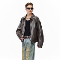 IMXS 翻领夹棉插肩袖夹克宽松秋冬季保暖棕色美式复古pu皮衣外套男