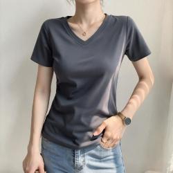 宜而爽 白色鸡心领短袖t恤女2026新款春秋正肩修身v领百搭休闲上衣