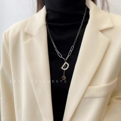 钛钢项链 韩国东大门字母D项链中长款毛衣链百搭流苏小众设计A83