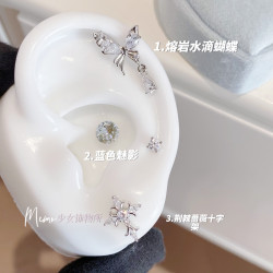 钛钢耳饰 E107 荆棘蔷薇 十字架白色熔岩蝴蝶耳骨钉耳蜗耳钉