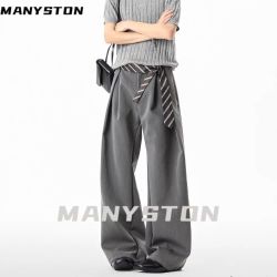 MANYSTON高级感灰色打褶西裤男款秋季潮cleanfit垂感阔腿裤宽松