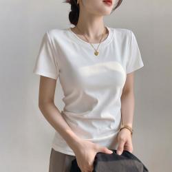 宜而爽 白色鸡心领短袖t恤女2026新款春秋正肩修身v领百搭休闲上衣
