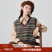 茵曼 保暖撞色条纹 V领针织马甲 咖啡绿 L