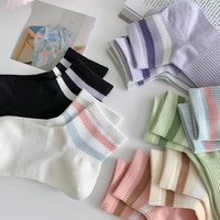 红糖年糕袜子女春季新款短袜彩色条纹二杠运动袜透气吸汗棉袜