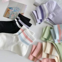 红糖年糕袜子女春季新款短袜彩色条纹二杠运动袜透气吸汗棉袜