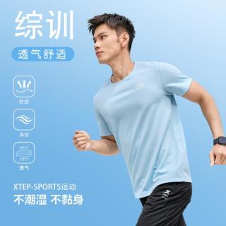 特步 短袖T恤男式夏季透气T恤户外综训健身跑步运动T恤