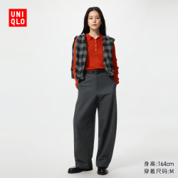 优衣库 绒面针织廓形长裤常规款女装男装休闲裤弯刀镰刀裤子489191 08 深灰色 M