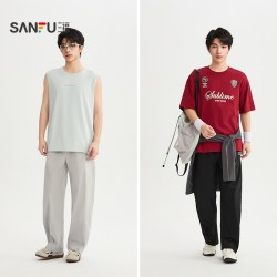 三福 2026夏季男士英文刺绣分割杠条休闲裤 宽松棉布裤子525417