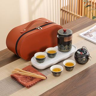 MOZHOU 茉舟 陶瓷快客杯 雅黑一壶四杯+罐巾夹+椭圆包-带盘 旅行茶具套装