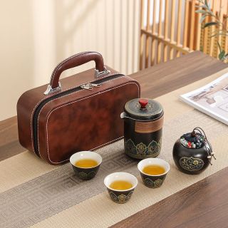 MOZHOU 茉舟 霁蓝茶韵陶瓷快客杯一壶三杯+罐+棕包整套茶具