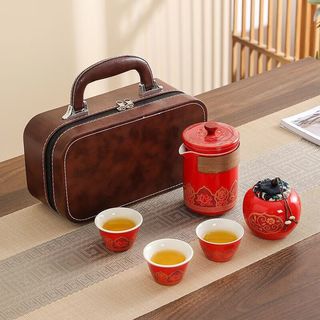 MOZHOU 茉舟 陶瓷快客杯 玫红茶韵一壶三杯+罐+棕包 旅行茶具套装