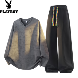 PLAYBOY 运动休闲套装美式扎染长袖T恤男秋冬季宽松休闲卫衣打底衫两件套 深灰上衣+黑色裤子 XL
