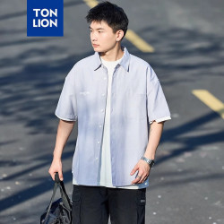 唐狮 男翻领单口袋织标短袖衬衫