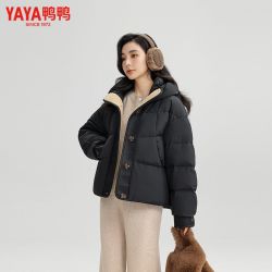 鸭鸭羽绒服 面包服女新款短款连帽百搭鸭绒时尚拼接保暖外套