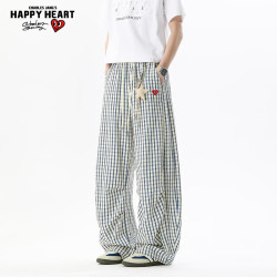 CHARLES JANG'S HAPPY HEART 美式复古格纹泡泡格阔腿裤 男女同款 蓝色
