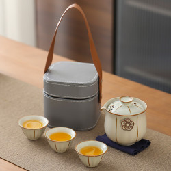 茉舟 汝窑手抓壶 黄汝窑莲趣 4件套+四方包 旅行茶具套装