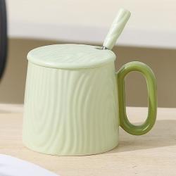 欧因 陶瓷马克杯水杯家用陶瓷杯子带盖子创意情侣咖啡杯伴手礼杯 浅绿（杯+盖+勺） 320ML