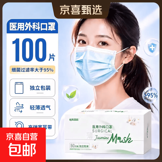 医用外科口罩独立包装灭菌级100只/2盒 防尘防鼻炎过敏花粉 医用外科蓝色100只/2盒