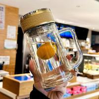 欧因 高硼硅茶水分离玻璃杯把手泡茶杯商务办公杯耐高温水杯 双层泡茶玻璃杯金色 358ml