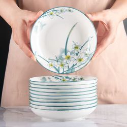 水仙花10个6.25英寸中式家用高温釉下彩陶瓷菜盘子