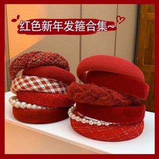 新年红色发箍圣诞高颅顶压发头箍秋冬女高J感针织发捆百搭发卡