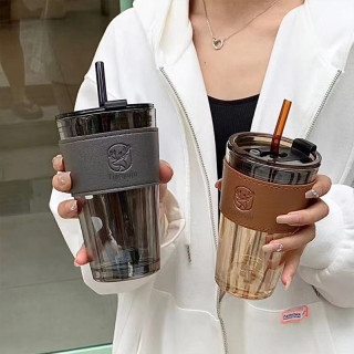 极光杯ins 高颜值带盖吸管杯家用喝水杯女学生便携奶茶双饮吸管杯