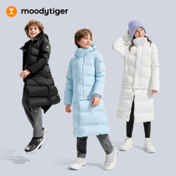moodytiger 儿童长款羽绒服保暖拒水冬男童外套一衣多穿女童鹅绒服 冰沁蓝 130