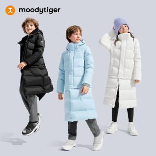 moodytiger 儿童长款羽绒服保暖拒水冬男童外套一衣多穿女童鹅绒服 冰沁蓝 130