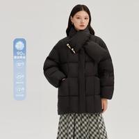 艾莱依 时尚牛角扣围巾领泡芙羽绒服女加厚龟背中长款鸭服