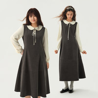 独束 新品独束大码女装撞色娃娃领系带假两件连衣裙26冬新品甜美减龄长裙