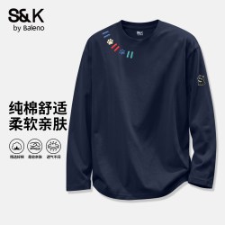 班尼路 S&K纯棉长袖t恤男秋季藏青色潮流内搭男士宽松休闲套头衫