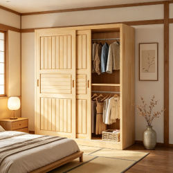 唐辑 实木衣柜卧室家用简易松木推拉门衣橱储物收纳柜80*58*200cm