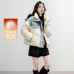森马 羽绒服女冬90绒子防泼水拼接牛仔oversize立领个性潮酷面包服