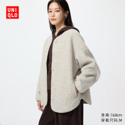 优衣库 仿羊羔绒摇粒绒休闲开衫/长袖女装488302 02 浅灰色 M