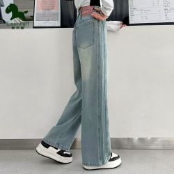 爱西娜 女童春季牛仔裤时尚春秋冬直筒裤加绒加厚中大童窄版阔腿裤