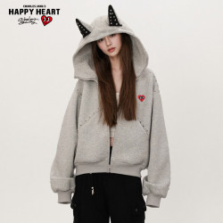 CHARLES JANG'S HAPPY HEART 美式甜酷铆钉开衫连帽卫衣男女春秋季设计感情侣外套 麻灰M