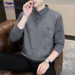 大白鲨 春秋假两件加厚衬衫领中老年男士针织毛衣爸爸装长袖上衣潮