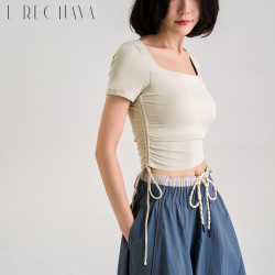 LRECNAVA芮柯纳未 裸感高弹带胸垫运动瑜伽抽绳短袖T恤高智淡人风