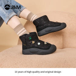J&M 2026年冬季新款雪地靴水钻加绒保暖女靴厚底65767W