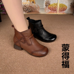中跟粗跟圆头中国风短靴妈妈棉靴时尚秋冬靴子