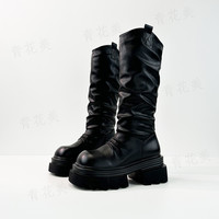 靴子长筒靴女2026新款黑色粗腿显瘦厚底小个子增高v口堆堆靴爆款