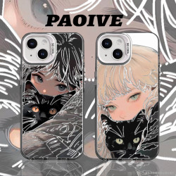 新款女孩抱黑猫适用创意可爱萌苹果华为一加小米手机防摔壳Paoive